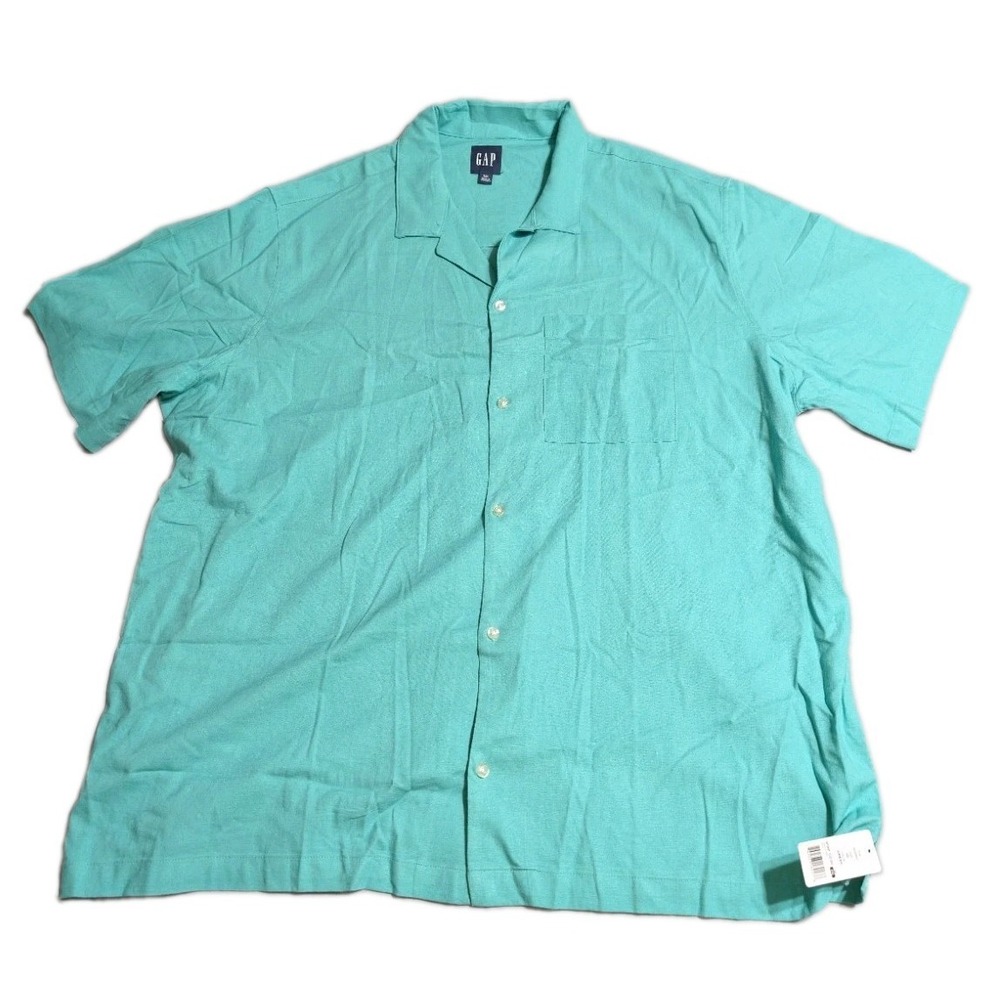 GAP Mens XXL Linen Blend Camp Collar Shirt Turquoise Green Short Sleeve NWT